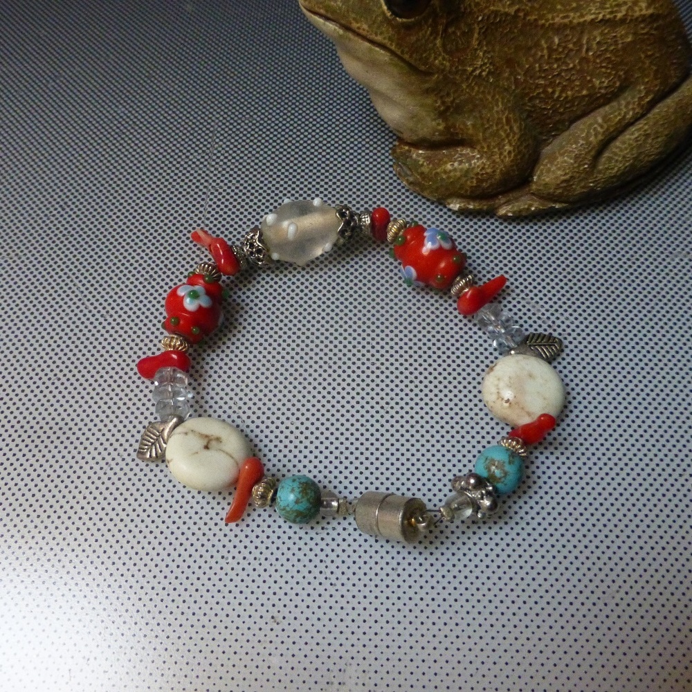 Handblown beads  turquoise silver coral pcs 7.5in
